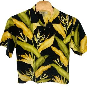Tommy Bahama Silk Shirt Mens Large Black Tropical Palm Leaf Camp Button Down